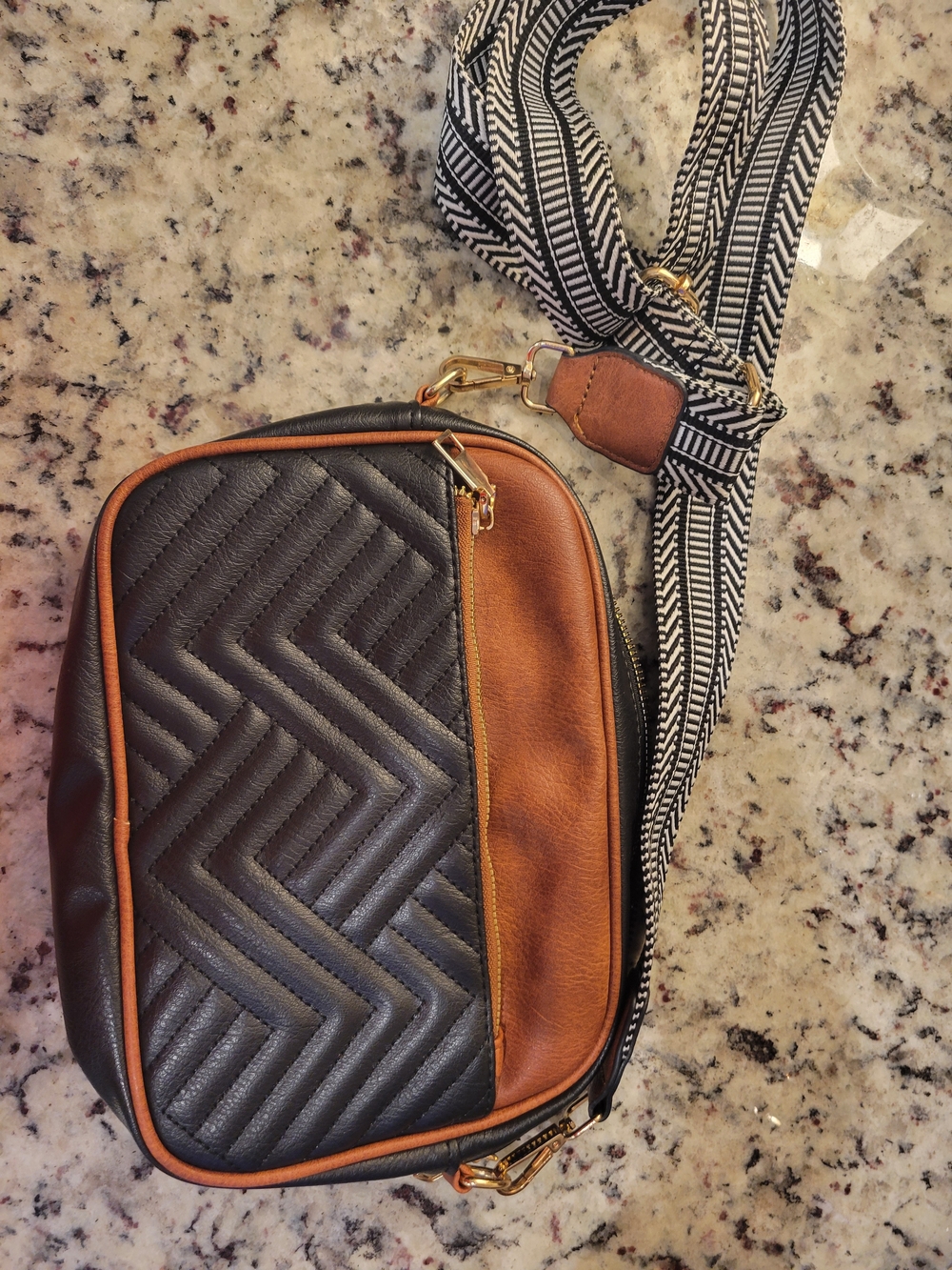 Black and Brown Quilted Crossbody Bag with Patterned Strap